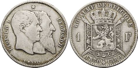 Belgien 1 Franc 1880 50 Jahre Unabhängigkeit Leopold I und Leopold