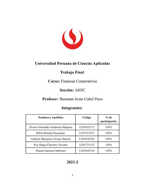 Trabajo Final Finanzas Corporativas Grupo 5 UPC Studocu