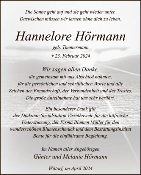 Traueranzeigen von Hannelore Hörmann trauer kreiszeitung de