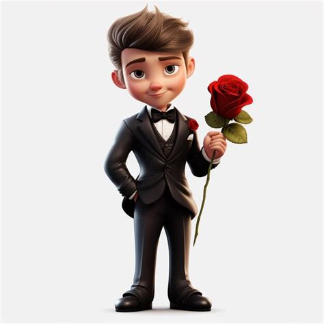 Premium Photo Cartoon Man In Tuxedo Holding A Rose In His Hand