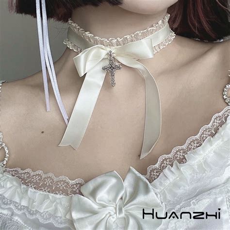 HUANZHI Black White Lace Necklace Ribbon Bow Gothic Cross Pendant