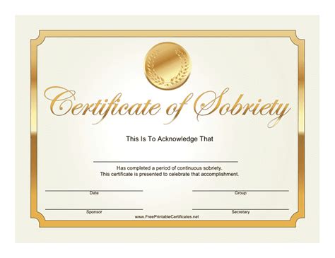 Golden Certificate Of Sobriety Template Download Printable Pdf