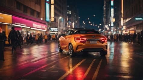 Premium Photo A Car Is Driving Down A City Street At Night Time With