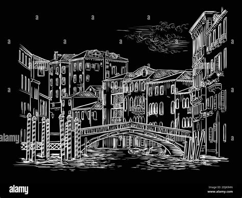 Vector hand drawing illustration of bridge on canal in Venice. Venice ...