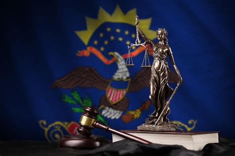 Premium Photo North Dakota Us State Flag With Statue Of Lady Justice