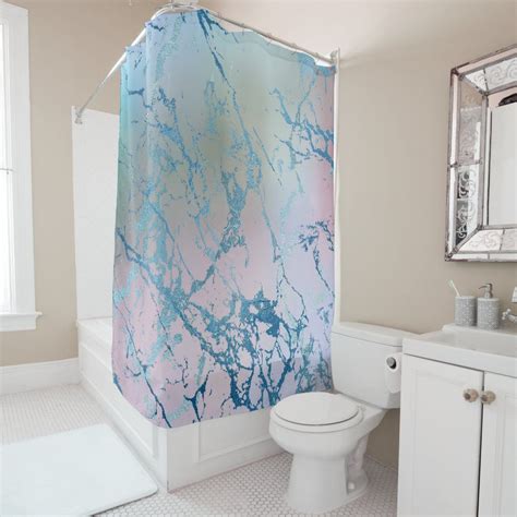 Iridescent Marble Trendy Holographic Blue Pink Shower Curtain