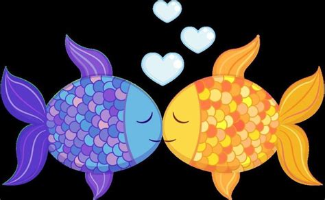 Two Colorful Fish With Hearts Floating Above Them