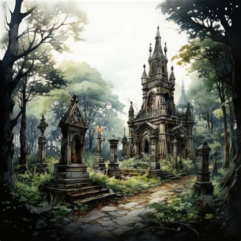 Premium Ai Image Hand Painted Watercolor Clipart Gothic Cemetery With