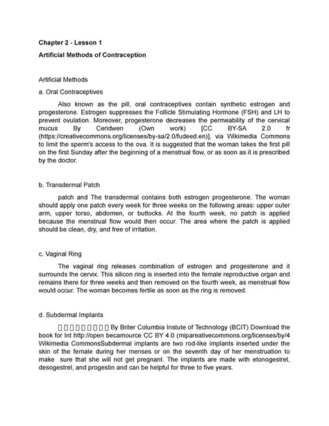 Artificial Methods Of Contraception Chapter 2 Lesson 1 Artificial Methods Of Contraception