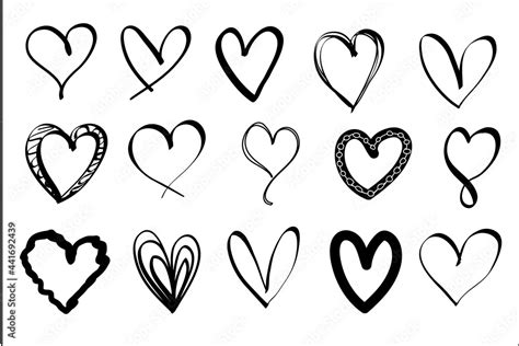 Heart vector set hand drawing. Black heart shape doodle art sketch ...