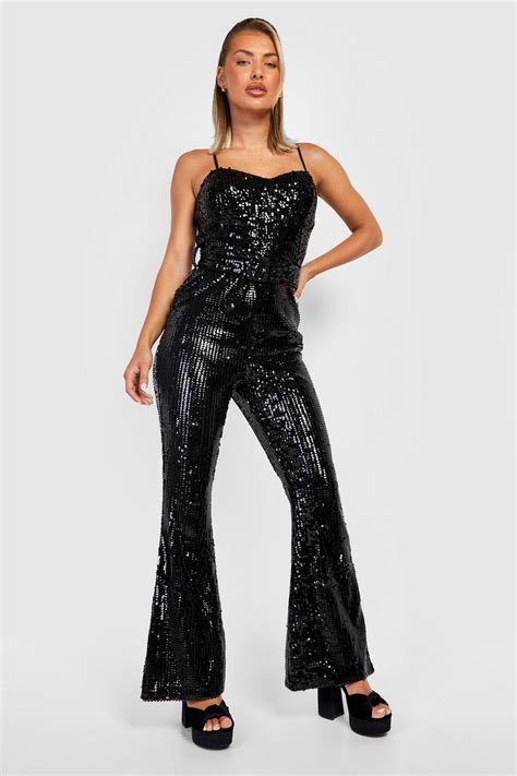 Womens Sequin Flare Leg Jumpsuit Boohoo Uk