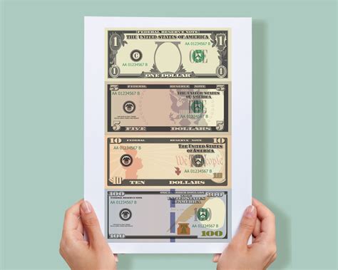 Dollar Bill Templates Printable Letter Page With 4 Real Size - Etsy