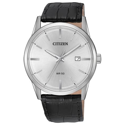 CITIZEN STAINLESS STEEL WATCH WITH SILVER DIAL BLACK LEATHER STRAP