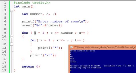 C Program To Print Pyramid By Star Or Numbers Online Judge Solution