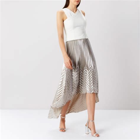 Coast Paige Pleat Maxi Skirt Silver Metallic Asymmetric Skirts