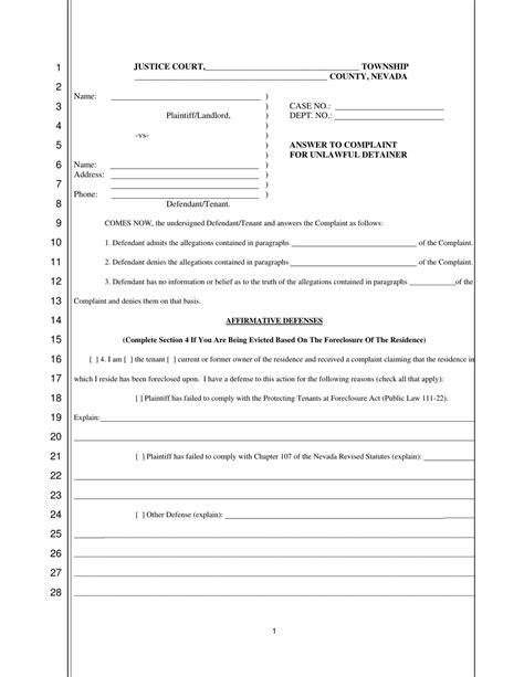 Nevada Answer To Complaint For Unlawful Detainer Fill Out Sign