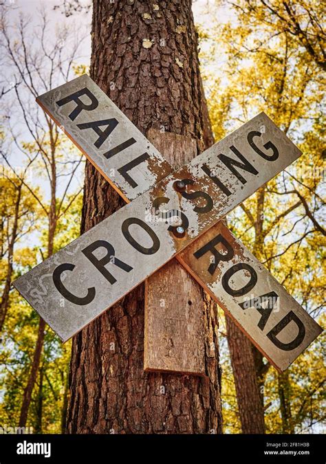 Old Vintage Railroad Crossing Sign Nailed To A Tree Stock Photo Alamy