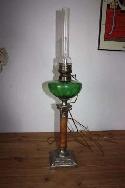 Grande Lampe P Trole Ancienne Marbre Et Verre Vert Eur