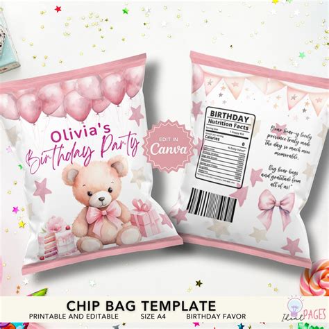 Custom Birthday Chip Bag Template Party Favor Bag Custom Snack Bag