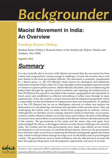 (PDF) Maoist Movement in India: An Overview (Institute for Defence ...