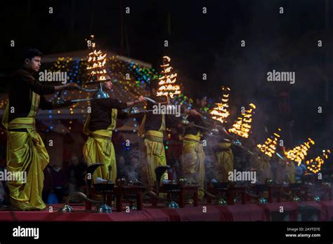 The image of Ganga Aarti at Ghats or holy steps of Varanasi, Ganges ...