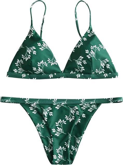 ZAFUL Damen Bikini Set Blumen Spaghettiträger Tanga String Swimwear