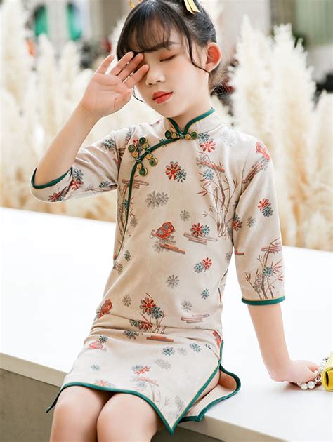 Spring Floral Print Kids Girls Cheongsam Qipao Dress Cozyladywear