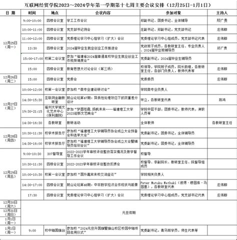 互联网经贸学院2023～2024学年第一学期第十七周主要会议安排（12月25日 1月1日）