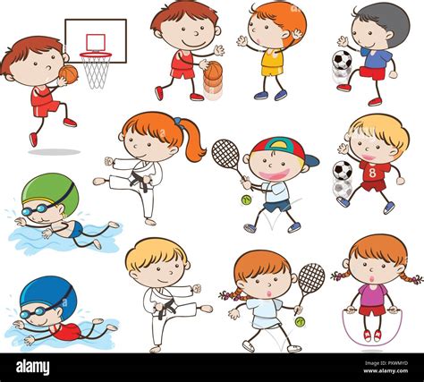 Doodle Kids Doing Sport Activities illustration Stock Vector Image ...