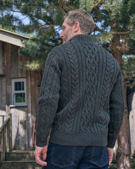 Dusky Charcoal Pure Wool Knitted Aran Cable Zip Neck Jumper