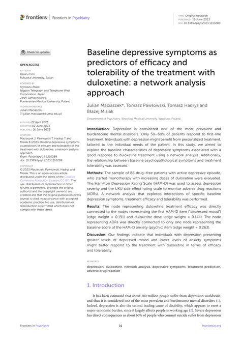 PDF Baseline Depressive Symptoms As Predictors Of Efficacy And