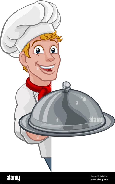 Chef Holding Plate Platter Sign Cartoon Stock Vector Image And Art Alamy