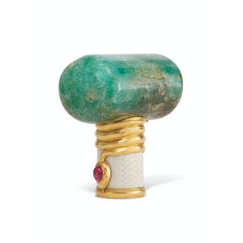 A Jewelled And GuillochÉ Enamel Gold Mounted Emerald Cane Handle By