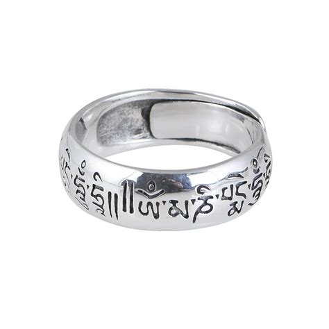 8mm Width Real Silver Retro Buddhist Six Character Mantra Open Ring For