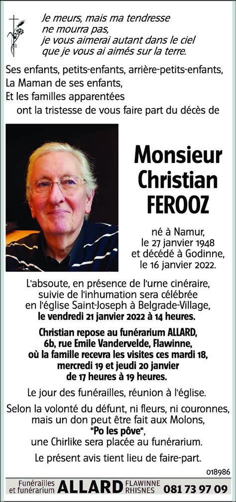 Avis De Décès De Christian Ferooz Décédé Le 16 01 2022 à Godinne