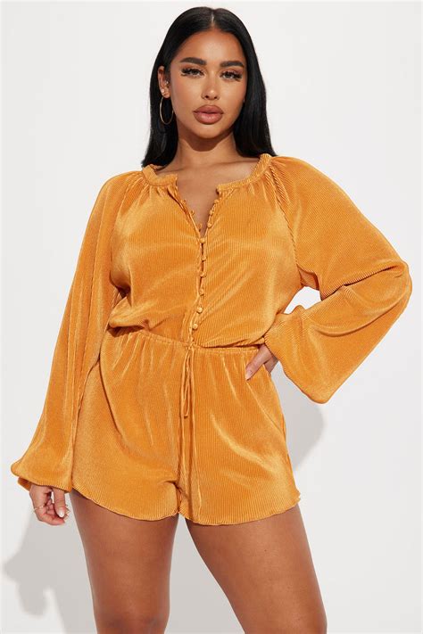 Natalie Plisse Romper Mustard Fashion Nova Rompers Fashion Nova