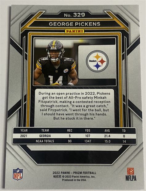 George Pickens Rc Panini Prizm Pittsburgh Steelers Ebay