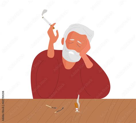 Addiction Mature Elderly Man Sitting At Table And Smoking Cigarettes