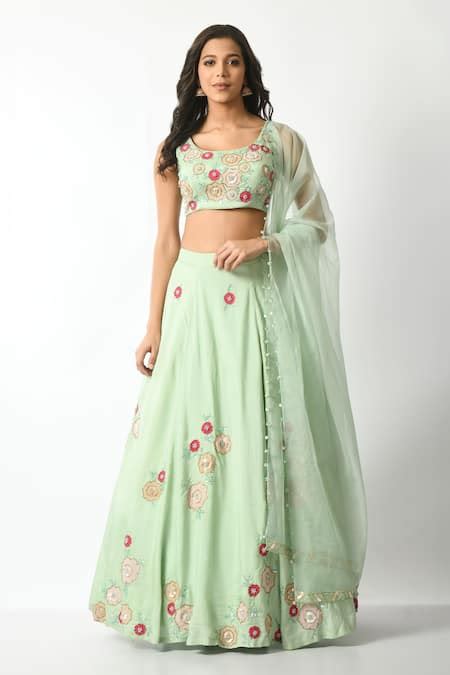 Buy Green Habutai Silk Organza Hand Embroidery Floral Square Lehenga