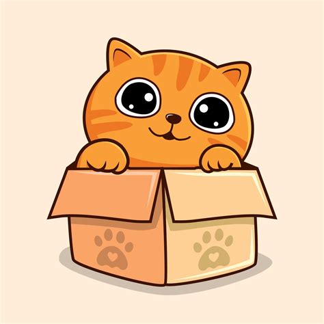 Striped Orange Cat In Box Cartoon Waving Hand Cute Orange Tabby Kawaii Pussy Cat Vector