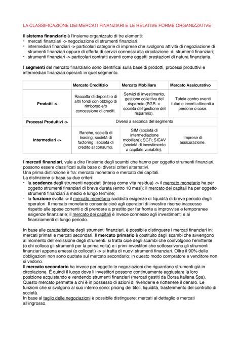 Economia DEL Mercato Mobiliare Pdf LA CLASSIFICAZIONE DEI MERCATI