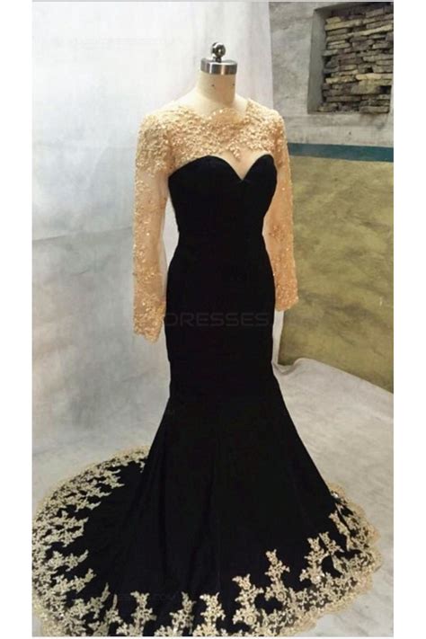 Long Black Mermaid Gold Lace Appliques Long Sleeves Prom Dresses Party