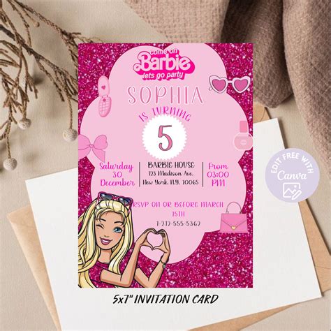 Fashion Doll Party Invitation Barbie Girl Party Invite Girls Birthday