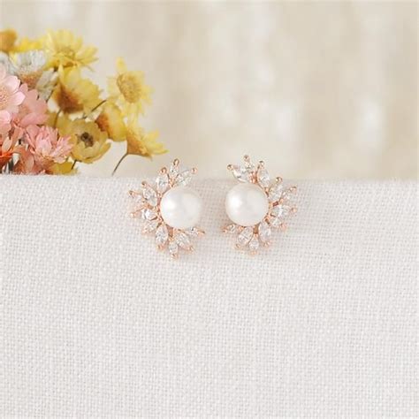 Bridal Stud Earrings Rose Gold Goldcrystal Wedding Etsy Bridal