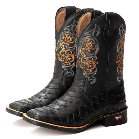 Bota Texana Escamada Preto Masculina Couro Bico Quadrado Rodeio Cano