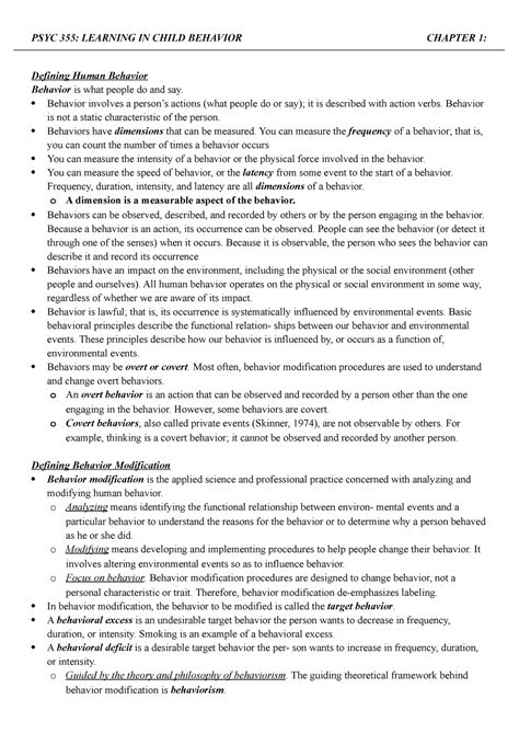 Textbook Notes - PSYC 355: LEARNING IN CHILD BEHAVIOR CHAPTER 1