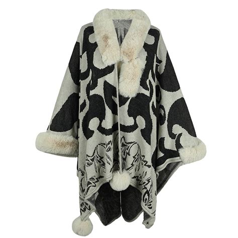 Hfyihgf Women Faux Fur Trim Poncho Cmofy Knit Cape Oversized Shawl Wrap