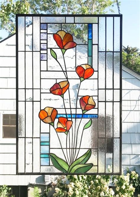 Stained Glass Panel California Poppies Geo Triple Border 3 Etsy