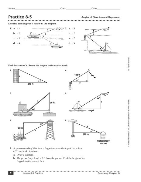 Practice 8 5 Angles Of Elevation And Depression Worksheet For 10th 12th Grade Lesson Planet