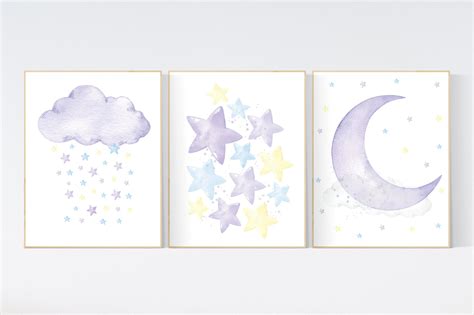 Purple Yellow Blue Nursery Stars Cloud Moon Nursery | Etsy